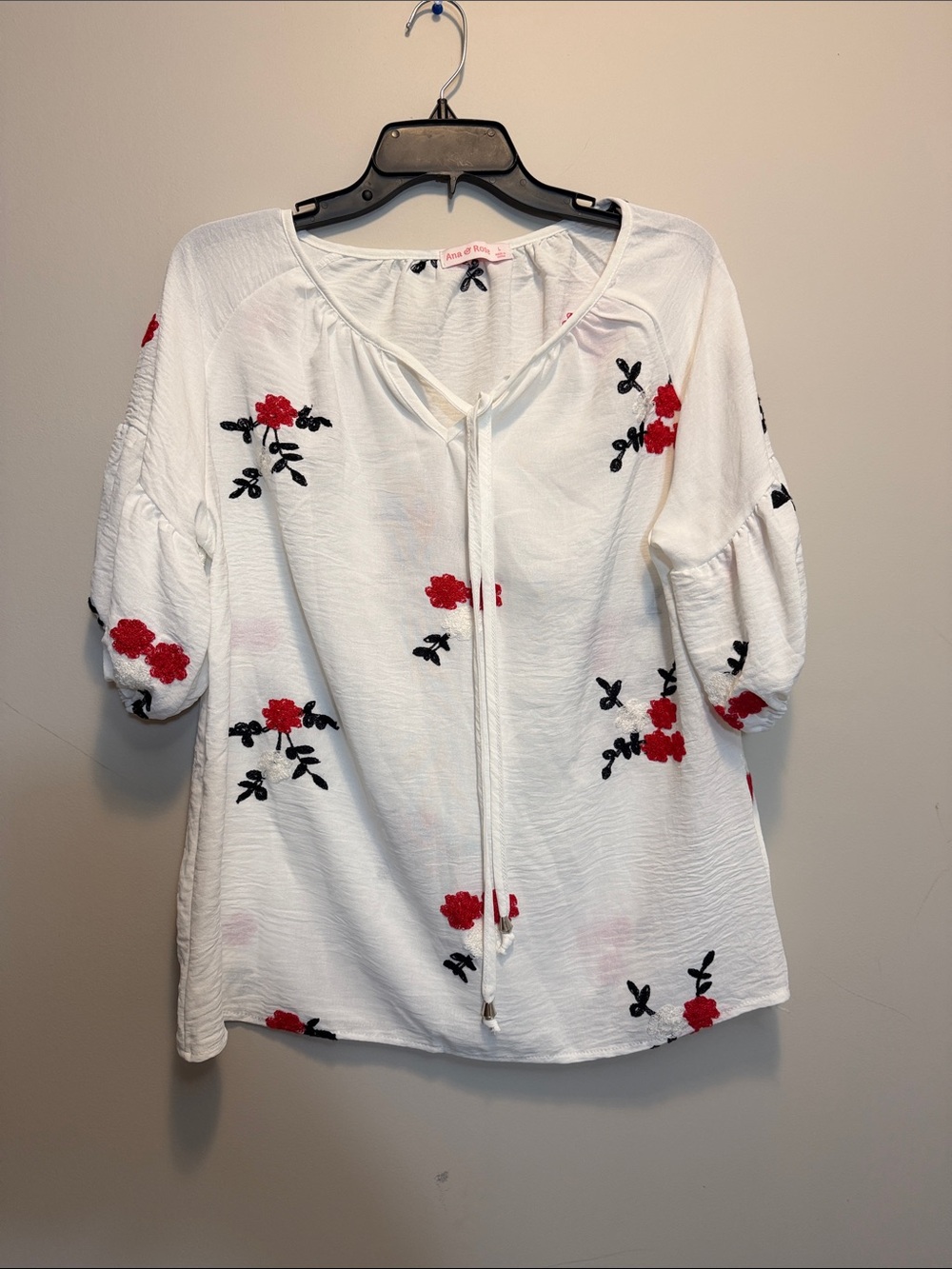 Embroidered White Peasant Blouse with Red Floral Accents